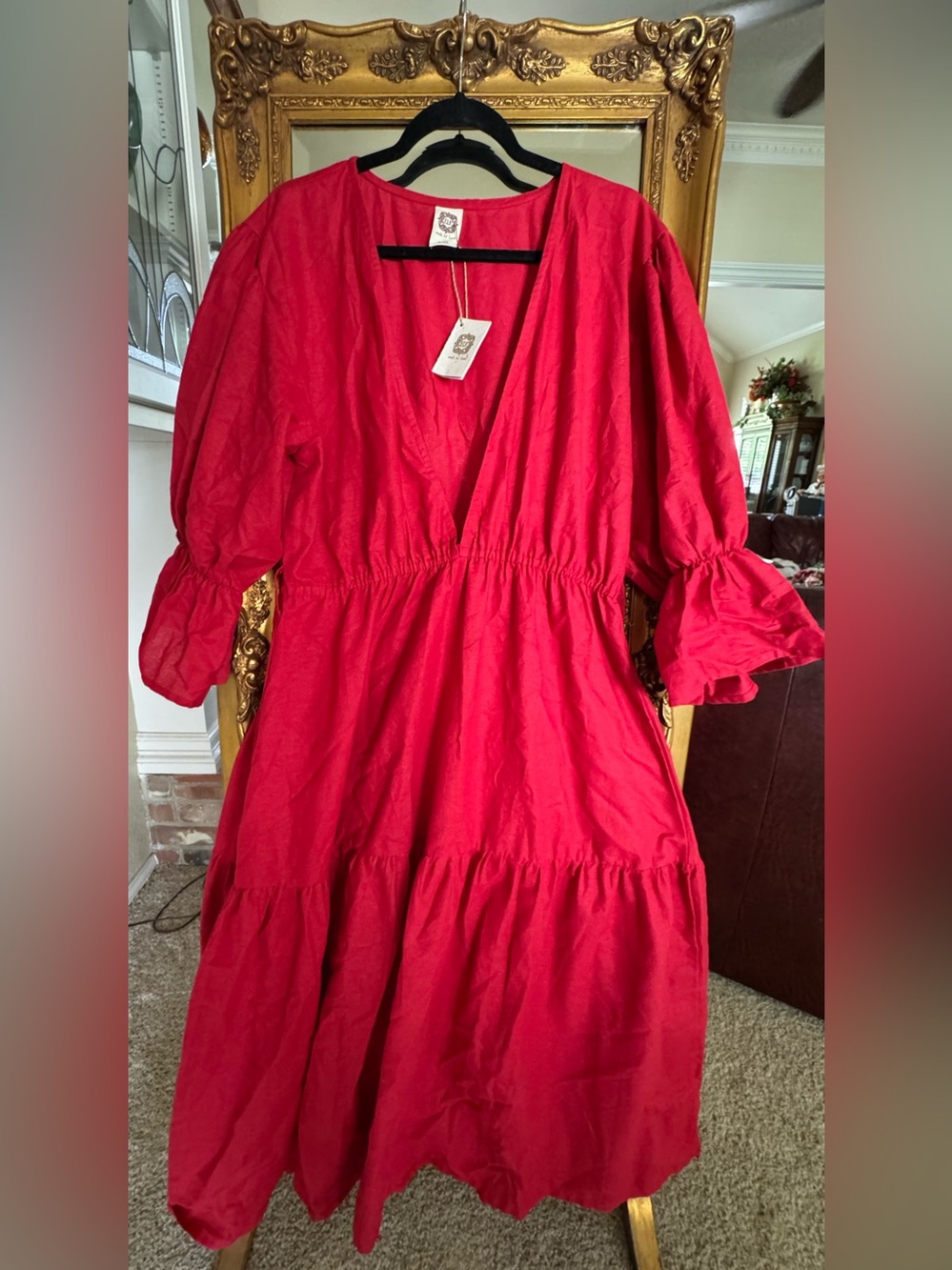 Elf Women’s Red V-Neck Tiered Midi Dress
